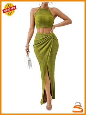 Textured Halter Crop Top and Split Maxi Skirt Set Going Out Vacation